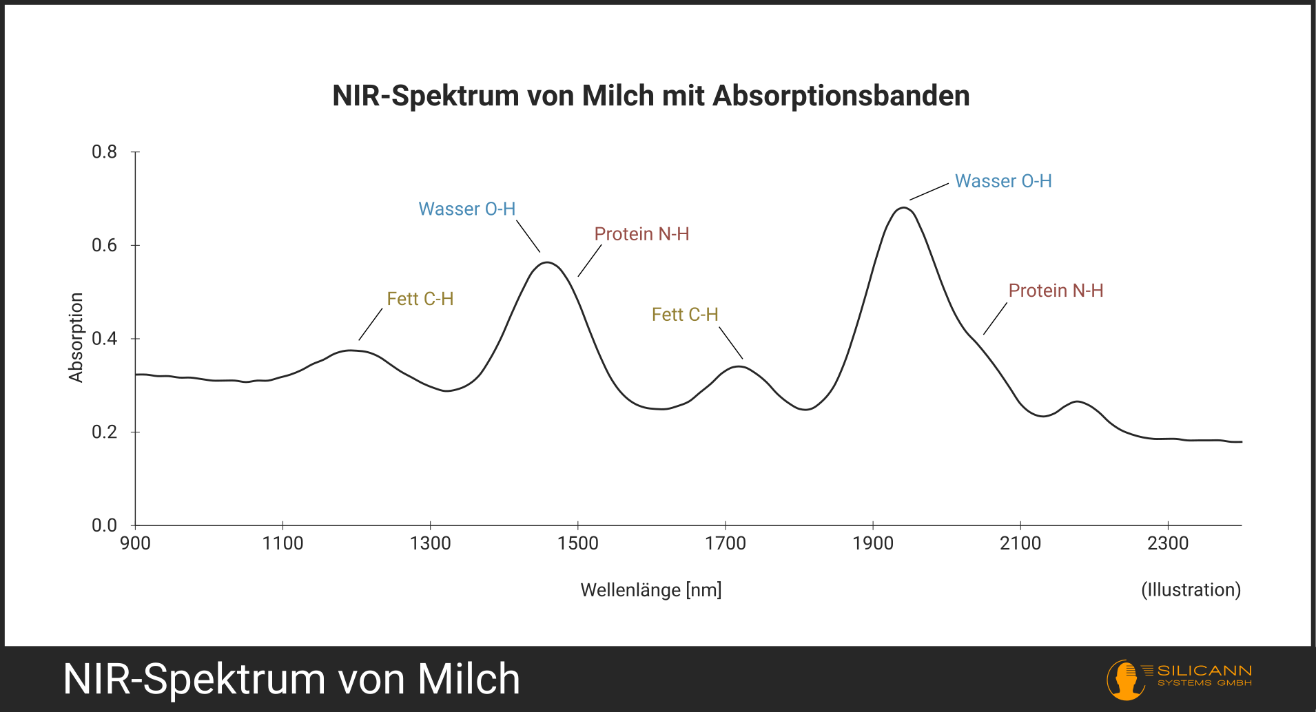 Typisches NIR-Spektrum von Milch mit den dominanten Absorptionsbanden von Wasser, Fett und Protein.